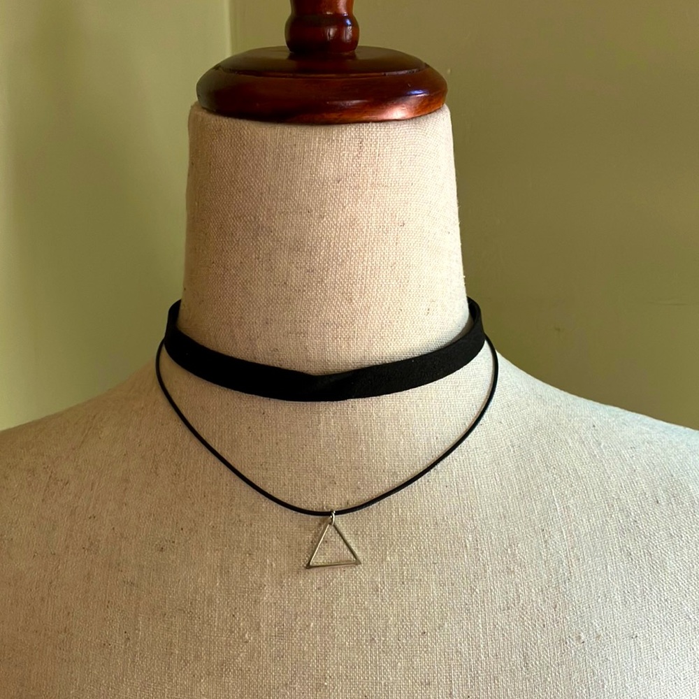 Black Faux Leather and Cord Choker with Triangle Charm